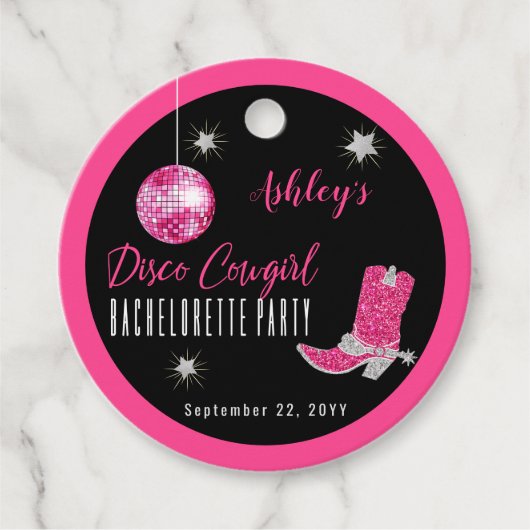 Nep Glitter Roze Disco Cowgirl Bachelorette Feestj Bedankjes Labels (Voorkant)