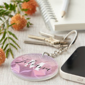 Nep Glitter Roze Geborsteld Metaal Monogram  Sleutelhanger (Voorkant Rechts)