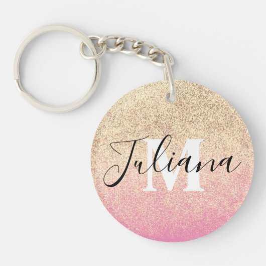 Nep Glitter Twee Tinten Roze Goud Monogram Sleutelhanger (Voorkant)
