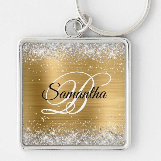 Nep Glitterend Zilver Glitter Goud Folie Monogram Sleutelhanger (Voorkant)