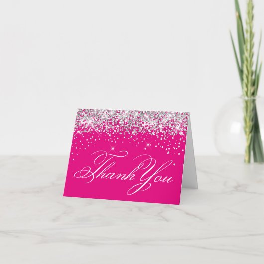 Nep Glitterend Zilver Glitter Heet Roze Bedankkaart (Voorkant)
