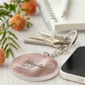Nep Glitterende Roze Gouden Glitter Folie Monogram Sleutelhanger (Voorkant Rechts)