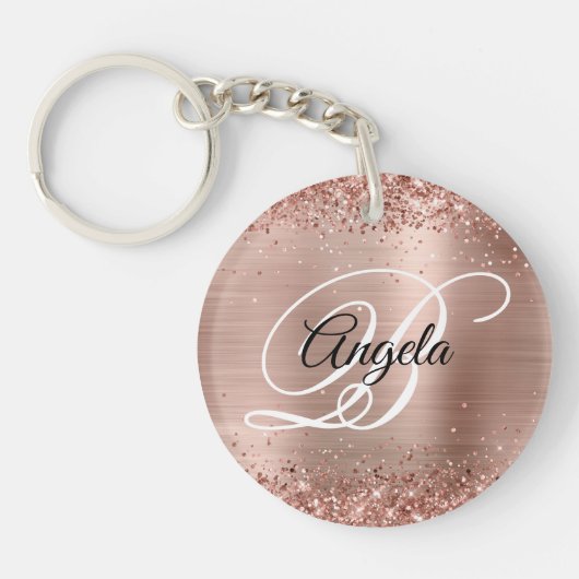 Nep Glitterende Roze Gouden Glitter Folie Monogram Sleutelhanger (Voorkant)