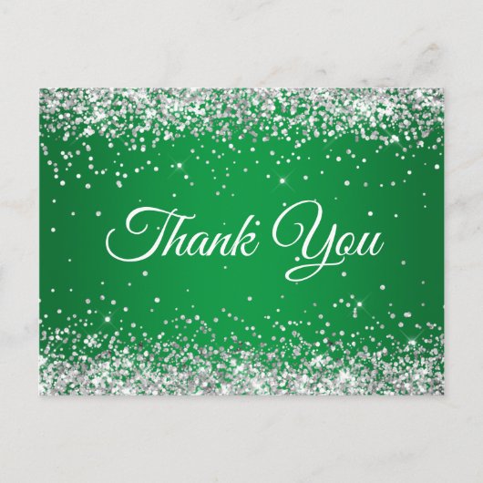 Nep glitterig zilver glitter helder groen dank je briefkaart (Voorkant)