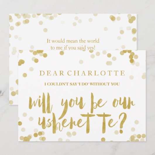 Nep goud confetti Wil je onze usherette zijn Kaart (Voorkant / Achterkant)