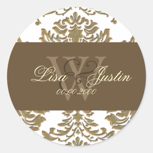 Nep goud Damask monogram trouwstickers Ronde Sticker (Voorkant)