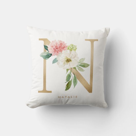 Nep Goud Folie Bloem Letter N Monogram Kussen (Voorkant)