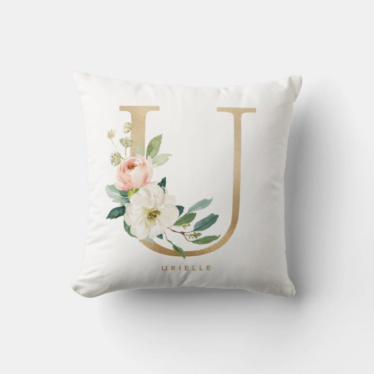 Nep goud folie bloem letter U monogram Kussen (Voorkant)