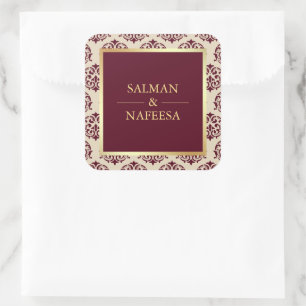 Nep goud folie bordeaux damast bruiloft vierkante sticker
