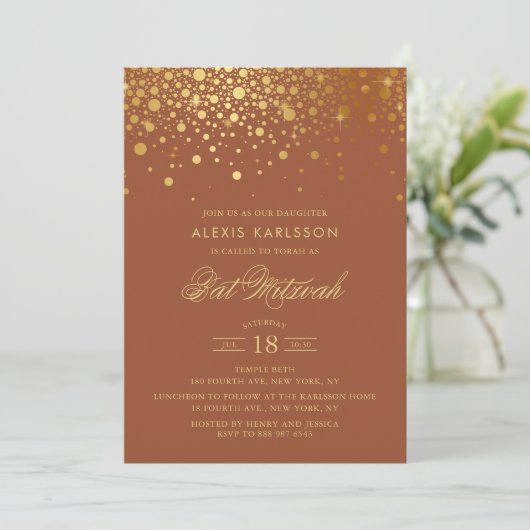 Nep goud folie confetti terracotta Bat Mitzvah Kaart (Staand voorkant)