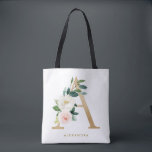 Nep goud folie mooie bloem letter A monogram Tote Bag<br><div class="desc">Vrouwelijke en elegante bloemendragezak met waterverf illustraties van bloemen,  groen en nep folie monogram. Personaliseer door het toevoegen van een naam of korte zin. Deze monogram bloemendragezak is perfect als een persoonlijk cadeau.</div>