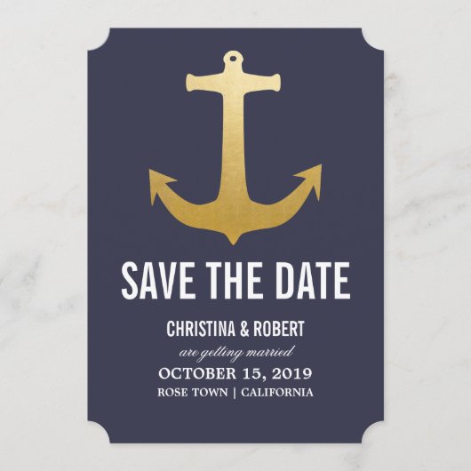 Nep goud folie nautisch anker Save The Date (Voorkant)