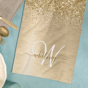 Nep goud geborsteld metaal glitter afdruk monogram theedoek