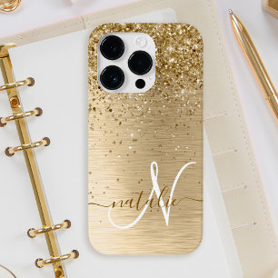Nep Goud Geborsteld Metaal Glitter Print Monogram  iPhone 14 Plus Hoesje