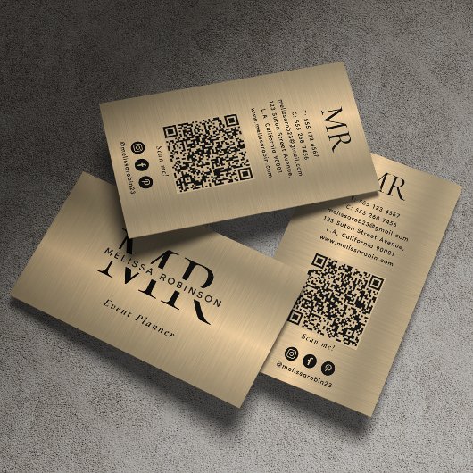 Nep Goud Geborsteld Metaal Zwart Monogram QR Code Visitekaartje