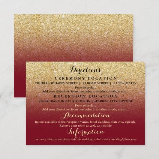 Nep goud glinsterende bordeauxrood details bruilof informatiekaartje (Voorkant / Achterkant)