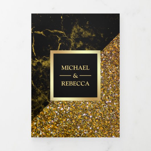 Nep Goud Glitter Goud Marmer Foto Bruiloft Drieluik Uitnodiging (Cover)