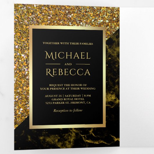 Nep Goud Glitter Goud Marmer Foto Bruiloft Drieluik Uitnodiging (Binnenzijde eerst)