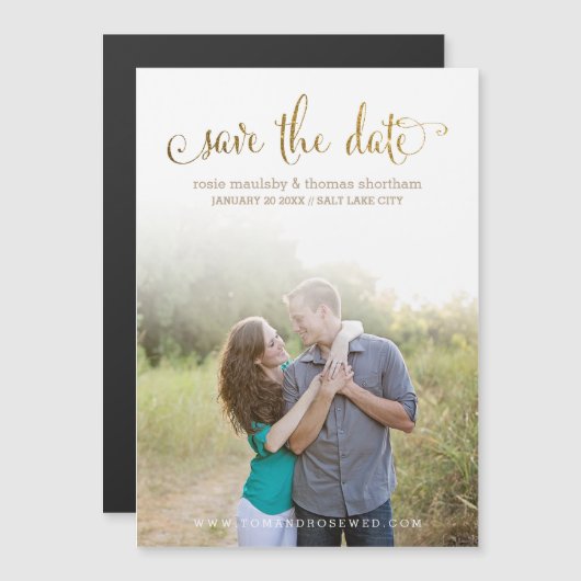 Nep Goud Glitter Script Save the Date Magnetische Uitnodiging (Voorkant / Achterkant)