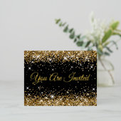 Nep goud glitters op zwarte 40e verjaardag folie uitnodiging briefkaart (Staand Voorkant)