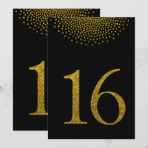 Nep goud glitters op zwarte tafelnummerkaart