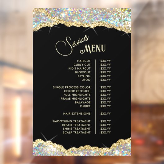 Nep goud iriserende glitterservice menu raamsticker (Vel 2)