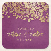 Nep goud paarse elegante vintage kant trouwjurk kartonnen onderzetters (Voorkant)