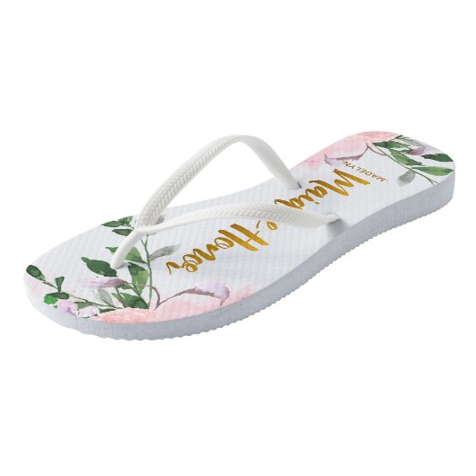 Nep gouden bruidsmeisje met bloemen en naam teenslippers (Schuin)