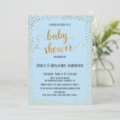 Nep Gouden Confetti Typografie Blauwe Baby Shower Kaart (Staand voorkant)
