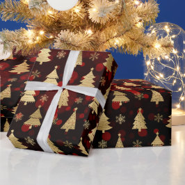 Nep gouden folie kerstbomen & rode bokeh cadeaupapier