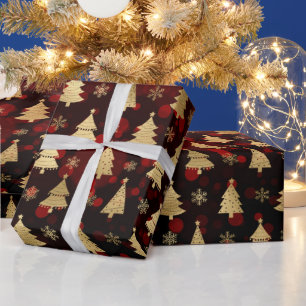 Nep gouden folie kerstbomen & rode bokeh cadeaupapier