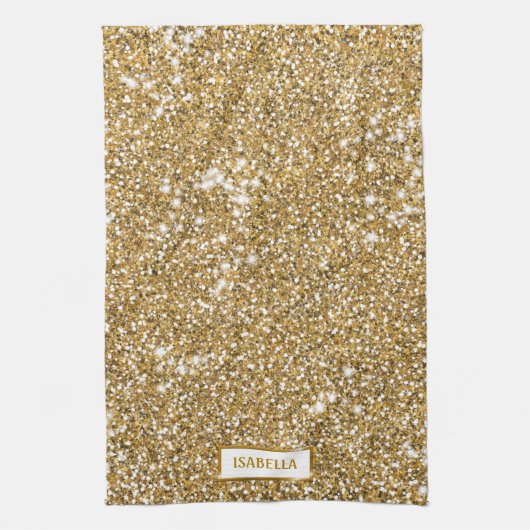 Nep gouden gele glitter textuur uitzicht & naam theedoek (Verticaal)