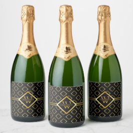 NEP gouden geometrisch patroon met monogram op ZWA Sparkling Wijnetiket