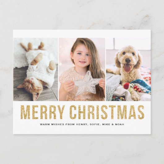 Nep gouden glitter drie foto collage Kerstmis Feestdagenkaart (Voorkant)