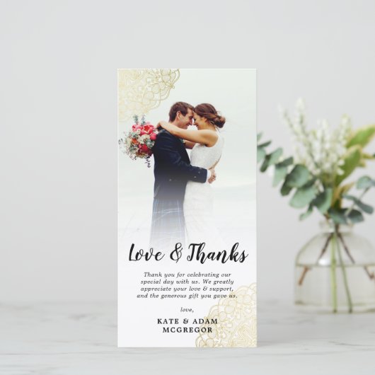 Nep gouden kant bruiloftsfoto bedankt (Staand voorkant)
