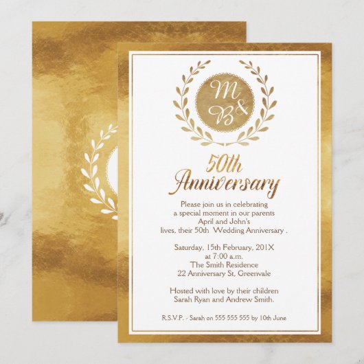 Nep gouden uitnodiging voor 50-jarig huwelijksjubi (Voorkant / Achterkant)