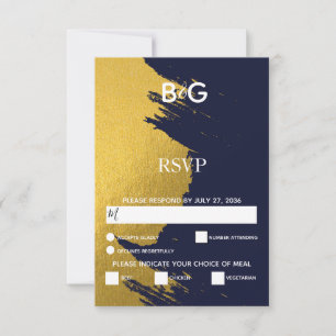 Nep goudpenseelstreken & marineblauw met monogram RSVP kaartje