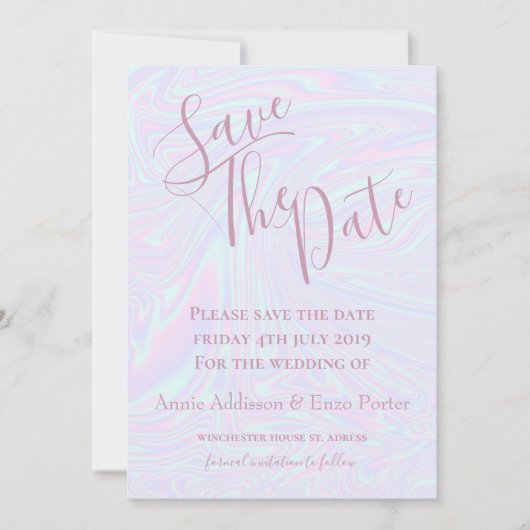 Nep holografisch effect textuur blauw save the date (Voorkant)
