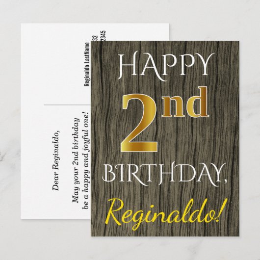 Nep Hout, Nep Goud 2e Verjaardag + Aangepaste Naam Briefkaart (Voorkant / Achterkant)