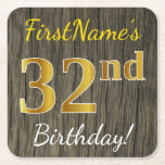 Nep Hout, Nep Goud 32e Verjaardag   Aangepaste Naa Kartonnen Onderzetters<br><div class="desc">Dit eenvoudige ontwerp voor een papieren onderzetter bevat een tekst zoals "Verjaardag van Voornaam!", waarbij de "32ste" een namaak goudkleurig uiterlijk heeft, op een achtergrond met een neproutinepatroon. De naam kan aangepast worden. Persoonlijke papieren onderzetters zoals deze kunnen misschien gebruikt worden op een verjaardagsfeestje voor iemand die zijn tweeëndertigste verjaardag...</div>