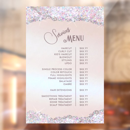 Nep Iridescent Roze Glitter Folie Diensten Menu Raamsticker (Vel 2)