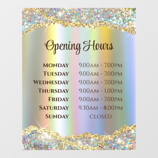 Nep iriserende gouden folie glitters Openingstijde Raamsticker (Vel)