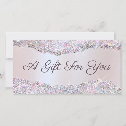 Nep iriserende roze glitter folie cadeaubon (Voorkant)