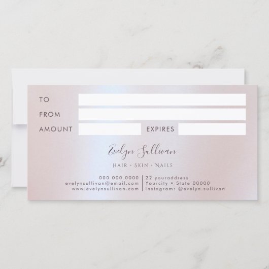 Nep iriserende roze glitter folie cadeaubon (Achterkant)