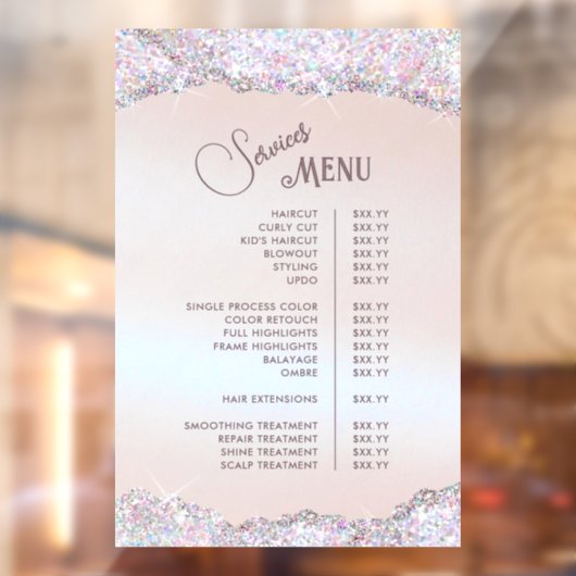 Nep Iriserende Roze Glitter Folie Diensten Menu Raamsticker (Vel 2)