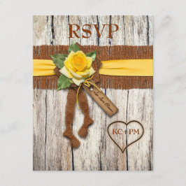 NEP Jute, Hout, Gele Roos Trouwkaart Antwoordkaart RSVP Kaartje