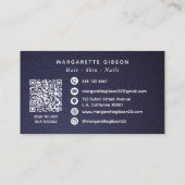 Nep leer Donkerblauw en Wit Monogram QR-code Visitekaartje (Achterkant)