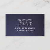 Nep leer Donkerblauw en Wit Monogram QR-code Visitekaartje (Voorkant)
