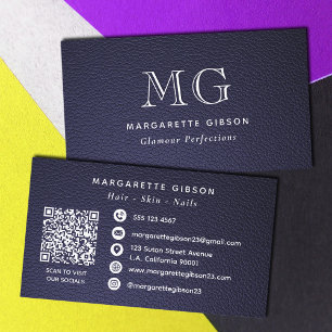 Nep leer Donkerblauw en Wit Monogram QR-code Visitekaartje