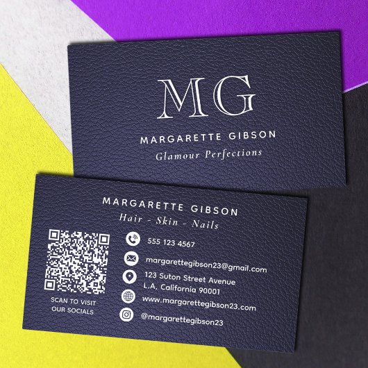 Nep leer Donkerblauw en Wit Monogram QR-code Visitekaartje